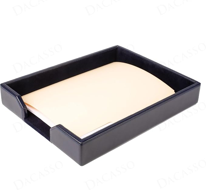Dacasso Navy Blue Bonded Leather Luxury Letter Tray Holder & Paper Organizer for Desk - Executive Desk Decor & Office Organization Essential
