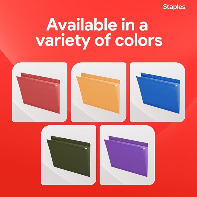 Staples Hanging File Folders, Letter Size, Red, 1/5‑Cut Tabs, Tear‑Resistant Durable Construction – 25/Pack