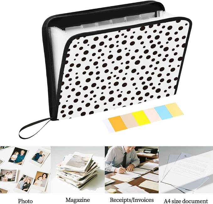 WEBEEDY 13 Pockets Polka Dots Expanding File Folder Black White Accordion File Organizer with Labels and Zipper, Portable Expandable Files Folder Organiser for A4 Paper Document Photo Receipt