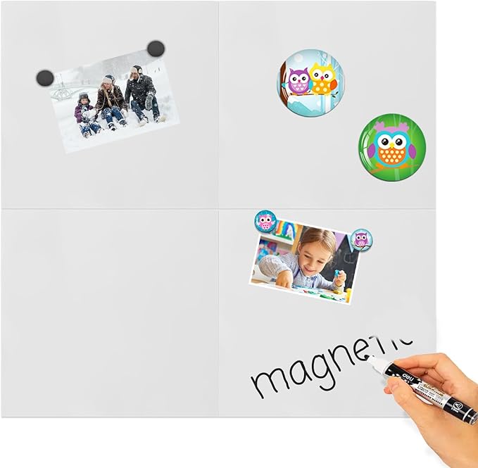 Magnet Display White Board for Wall,Magnetic Receptive Metal Plate with Adhesive Backing,Square 8" Peel and Stick Solid Steel for Magnets-4 Pack