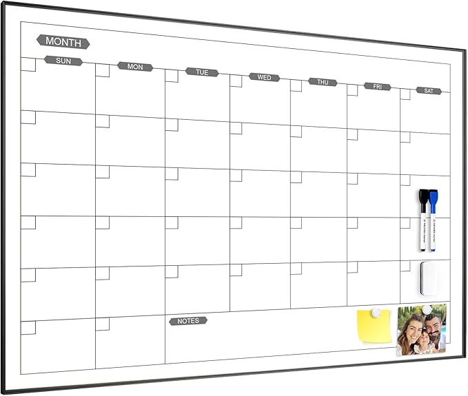 ARCOBIS Dry Erase Calendar for Wall, 36" x 24" Magnetic Monthly White Board Calendar Dry Erase, Hanging Whiteboard Planner for School, Home, Office, Black Frame