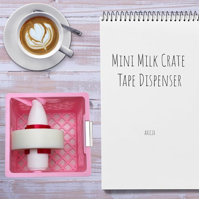 Mini Milk Crate Tape Dispenser - Cute Desk Accessories - Fun Office Supplies- Unique Unusual Desktop Organizer - Useful Novelty Practical Coworker Gag Gifts Vintage Decor Accents (Pink)