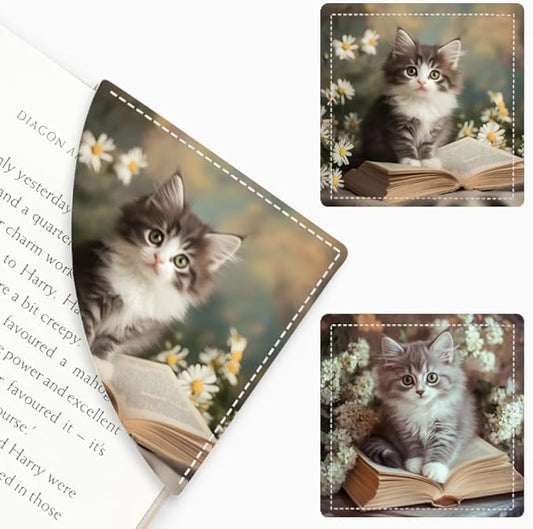 2PCS PU Leather Bookmarks 3.5x3.5 Inch Kitten Floral Book Design | PU leather bookmarks with kitten floral book design for novels, diary pages reading notes students, cat lovers and book fans.