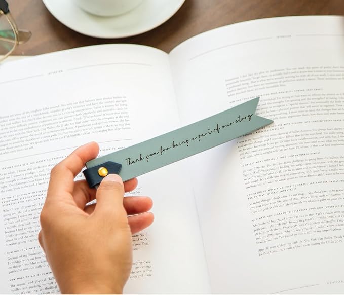 Engraved Leather Bookmark in Blue - Thank You for Being a Part of Our Story, Inspirational Appreciation Gift for Friends Bridesmaid Groomsman Wedding Favor, Guest Keepsakes