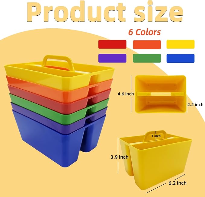 BPA Free 2 Compartment Stackable Desk Organizer, Classroom Caddy, Plastic Office Supply Bin with Handle for Home Office, Kitchen & Small Desk Items, 6 Pack