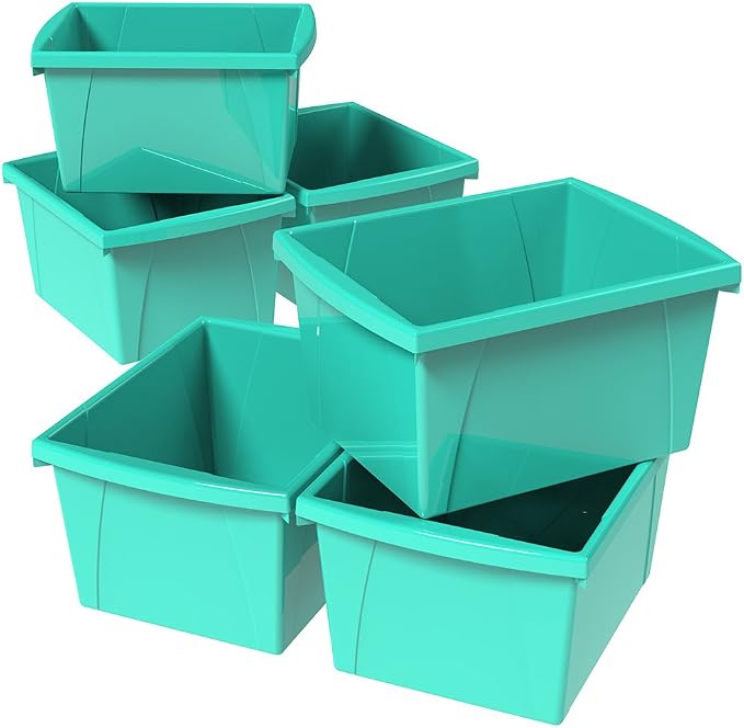 Storex 4 Gallon Storage Bin – Plastic Classroom Organizer for Books and Supplies, Teal, 6-Pack (61477C06C)