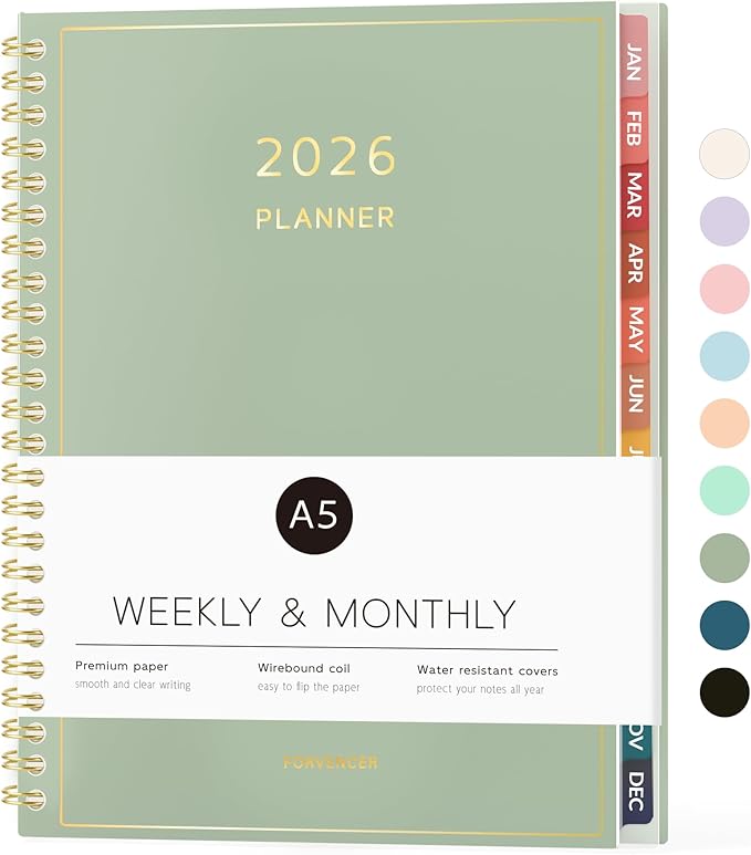 2026 Planner, Forvencer Calendar Planner Weekly and Monthly (Jan 2026-Dec 2026), 6" X 8", Agenda Book, Daily Journal Notebook with Tabs, Flexible Cover, Home School Organizer, A5, Green