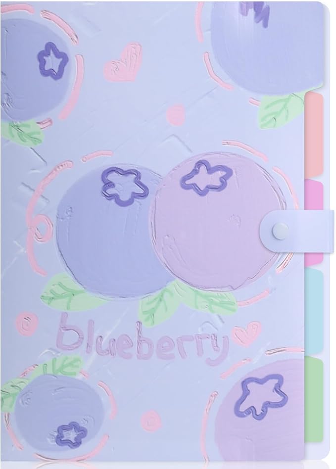 Cute Expanding File Folder Fruit Series - 5 Pockets Accordion Document Organizer, Waterproof Poly Plastic, A4/Letter Size for School Office Home (Blueberry)