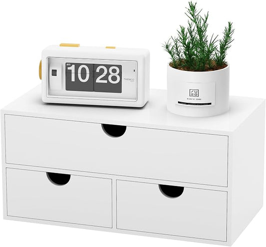 Bamboo Desk Organizer with Drawers Desktop Storage Drawers for Bills Office Supplies Kitchen Utensils Organizing Tool for Home Classroom Organization No Assembly (White)