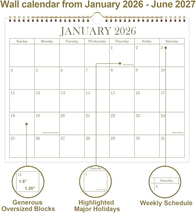 2026 Calendar - 2026-2027 Wall Calendar from January 2026 - June 2027, 18 Months Calendar with Premium Paper, Twin-Wire Binding & Hanging Hook, 8.5" x 11", Golden