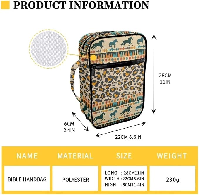 Coldinair Tribal Horse Bible Covers Bag for Women,Leopard Print Carrying Book Case Church Bag Bible Holder with Handle and Zippered Pocket