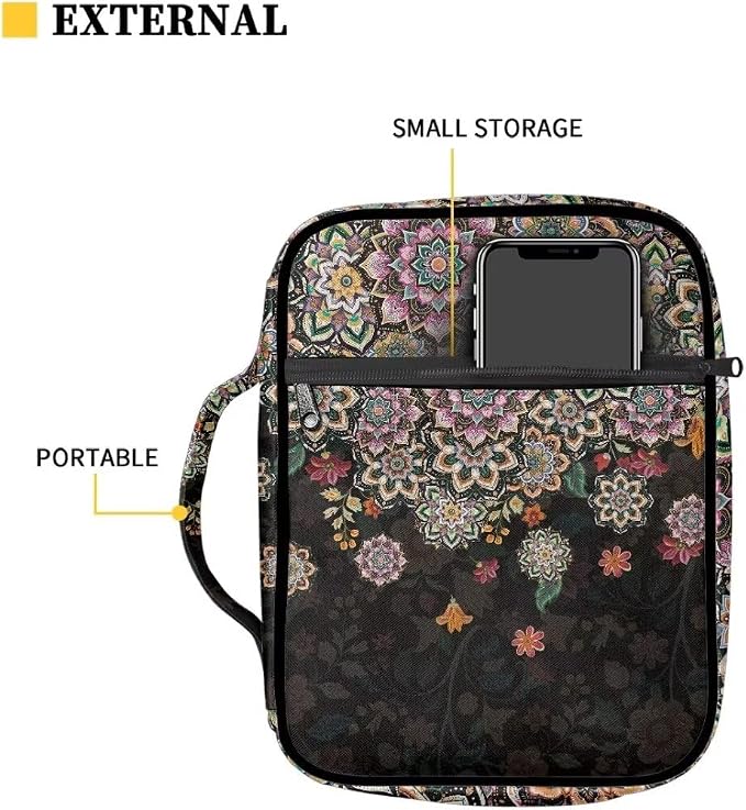 Coldinair Boho Flower Bible Cover for Women Teens Kid Girls,Carrying Book Case Church Bag Bible Holder with Handle and Zippered Pocket