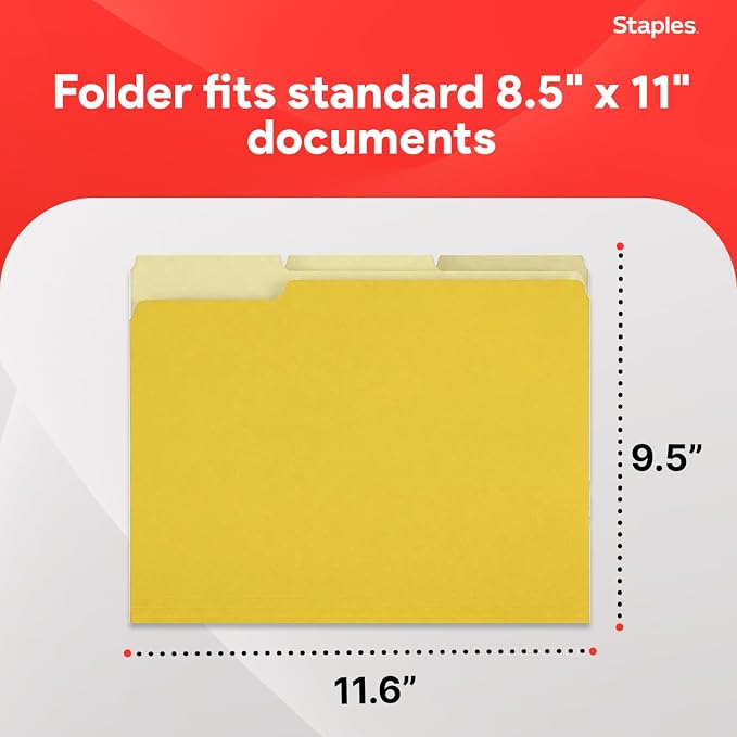 Staples Colored File Folders, Letter Size, 3‑Tab Top‑Tab Design, Durable 10.5‑Point Paper Stock, 100/Pack