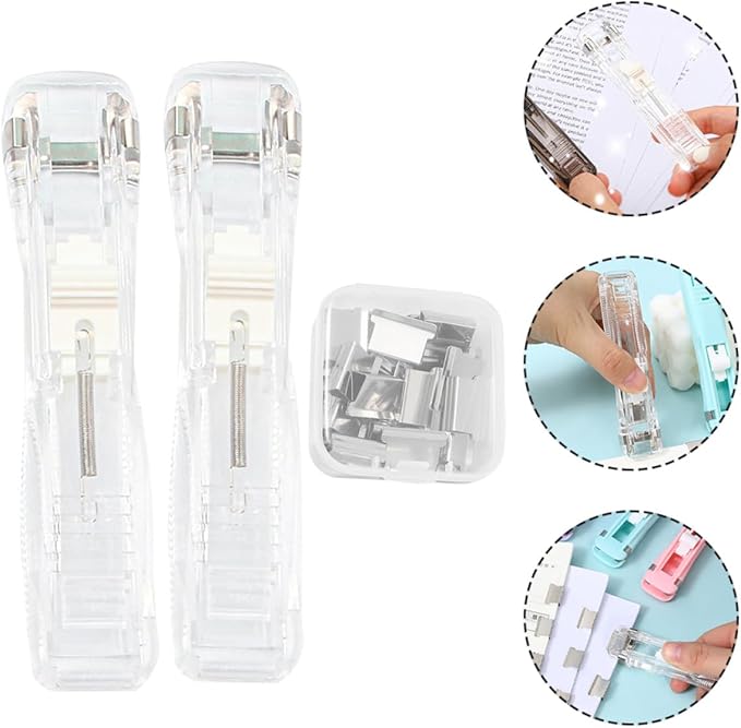 Yardwe Portable White Reusable File Stapler Set with Supplement Clips, Small No-Staple Binding Machine for Document Organization and Paper Fastening, Office Desktop Stapler for Students