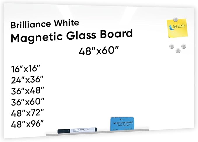 Glass Dry Erase Board (48" x 60"), White Surface with Eased Corners, Frameless Glass Board for Wall with Markers, Magnets, Eraser by Fab Glass and Mirror