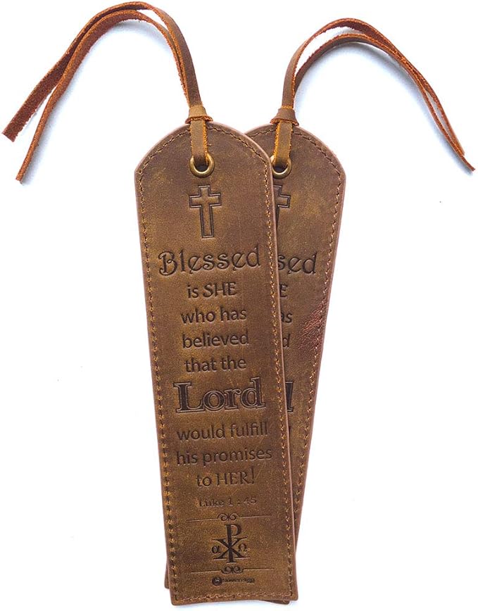 Leather Bible Bookmarks - 2 Leather Christian Bookmarks with Inspirational Bible Verse | Luke 1: 45 Blessed is She | Perfect Religious Book Marker Gifts for Men, Women, Readers and Friends
