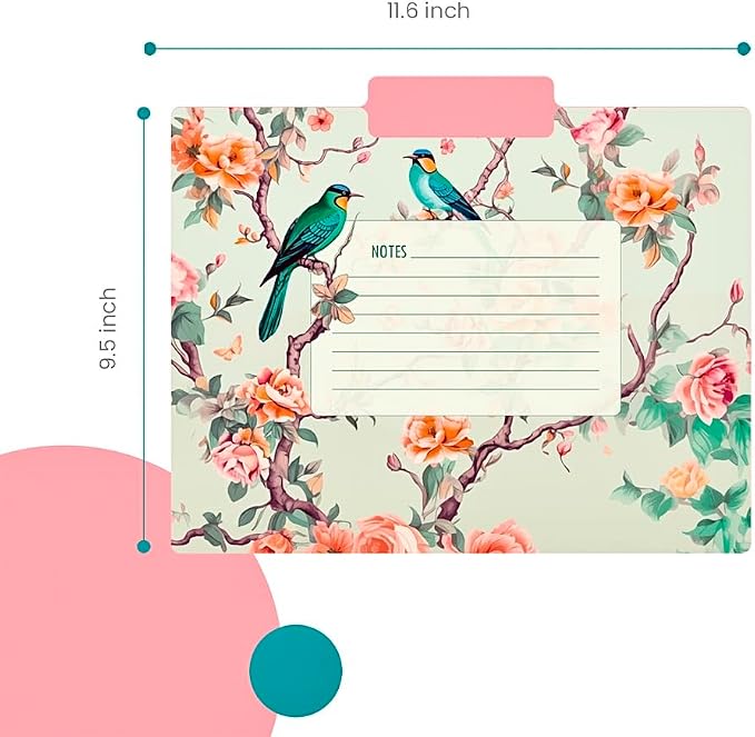 12pcs Decorative File Folders Birds Desing Letter Size, with Notes, Cute Folders with Floral Branches,1/3 Cut Tab, Matte Paper Archival Colored