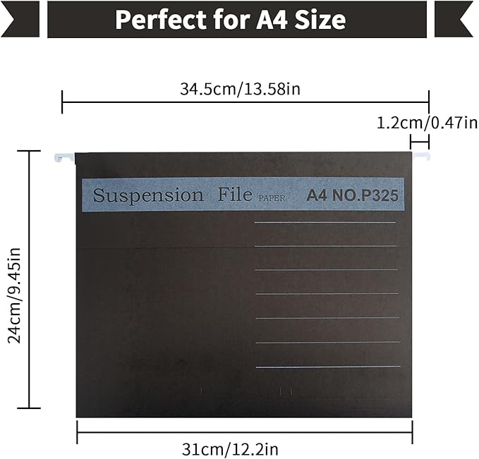 25 Pack Hanging File Folder, A4 Suspension Files Holder, Filing Cabinet Suspension File with Tab and Label for School Home Office, Black