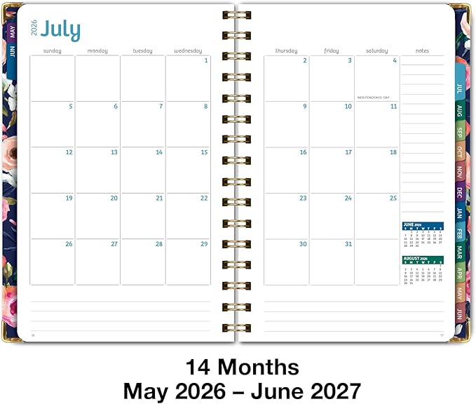 HARDCOVER Academic Year 2026-2027 Planner: 14 Months (May 2026 Through June 2027) 5.5"x 8" Daily Weekly Monthly Planner Yearly Agenda. Bookmark, Pocket Folder and Sticky Note Set (Small Navy Floral)