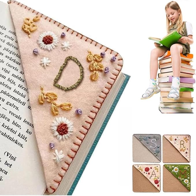 Personalized Hand Embroidered Corner Bookmark, 26 Letters Cute Flower Embroidered Corner Bookmark Embroidery Book Marker Clip for Book Lovers Bookmarks for Reading Lovers Meaningful GIF (Spring, D)