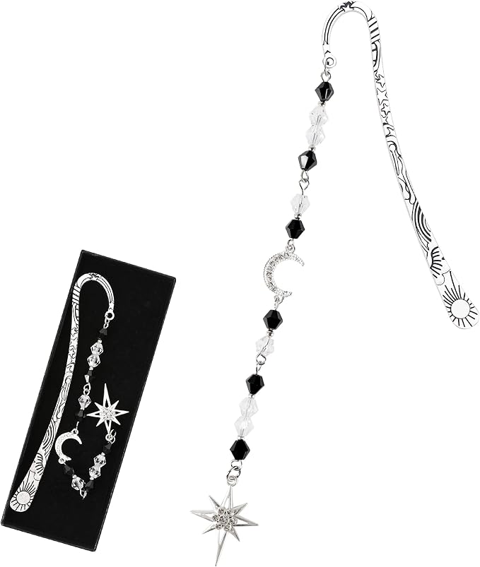 Fantasy Vintage Metal Bookmark - Silver Funny Hook Book Marks Beads Moon Star Charm Page Mark Bookish Gifts for Women Men Kids Reading Lovers Readers Students Bookworms Christmas School