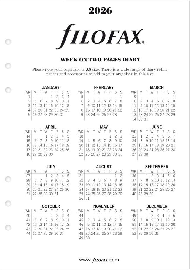 Filofax Calendar Diary Refill, A5 Size, Week-to-View with Appointments, Time Management, White Paper, Ruled, English, 2026 (CTM7051-26)