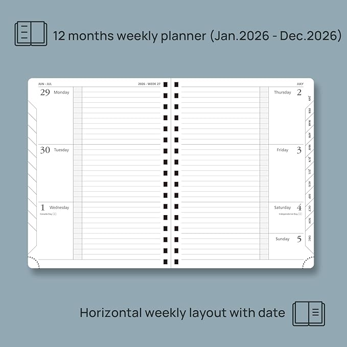 POPRUN 2026 Planner (Jan.-Dec.), Medium-6.75" x 8.75", Horizontal Weekly Notebook, 12-Month Calendar Book with Monthly Tabs, Spiral Soft Cover, Inner Pocket, 100 GSM - Army Green