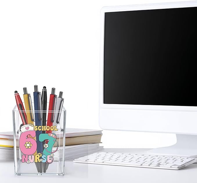 Funny 67 School Nurse Acrylic Cosmetic Pencil Pen Holder Cup Gifts for School Nurse Pink Girly Cute Decor for Home Office Desk Vanity Organizers and Accessories