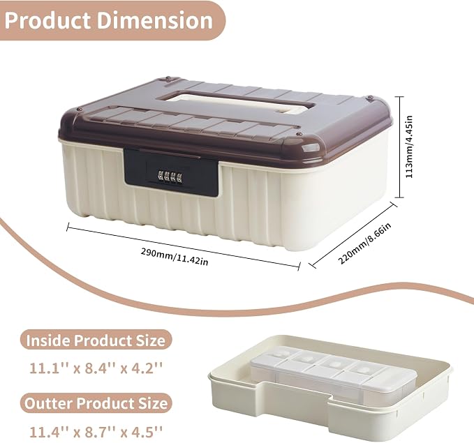 2-Tier Locking Storage Box with 4-Digit Combination Lock, Portable Stackable File & Medicine Organizer for Home, Office, Dorm (Brown, 11.42x8.66x4.45 Inches)