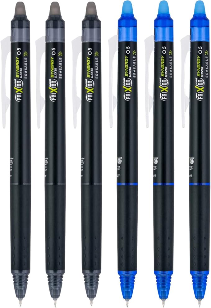 PILOT FriXion Synergy Clicker Retractable & Erasable Gel Ink Pens, 0.5mm Extra Fine Point, 6-pack (Black/Blue)
