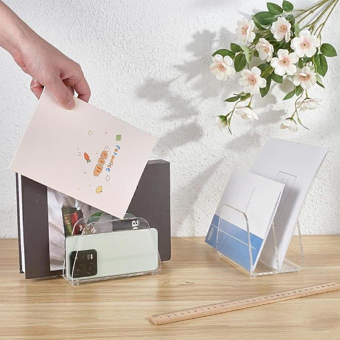 2 Pcs Acrylic Mail Organizer, 2 Compartments Desktop Organizer Holder Clear Small File Script Letter Office Document Storage for Desktop Bill Document Notebook