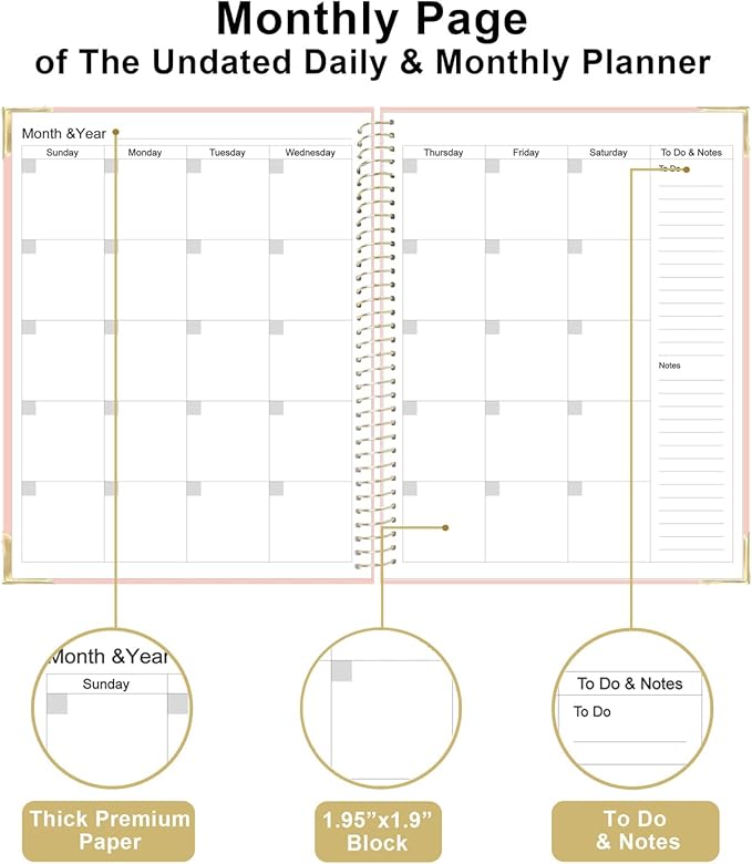 Undated Daily Monthly Planner for 2026 or Anytime - A4 To Do List with Hourly Schedule, Hardcover Spiral Bound Daily Planner to Increase Focus, Stylish School/Office Supplies, 8.5" x 11", Pink