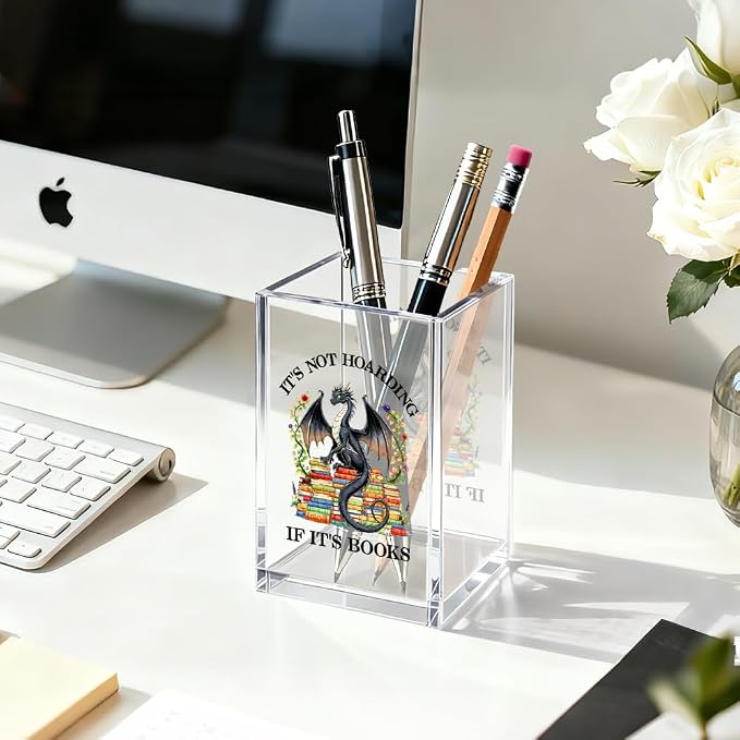 It's Not Hoarding If It's Books Acrylic Pen Holder Cosmetic Organizer, Retro Dragon Book Pen Pencil Holders for Desk, Bookmark Holder for Bookshelf, Bookish Gifts for Librarian Reader Teacher