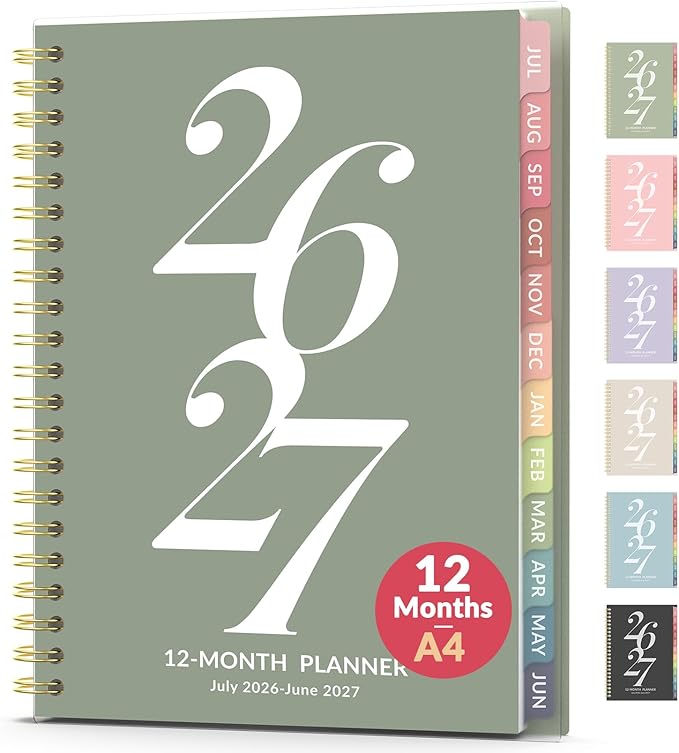Forvencer Planner 2026-2027, July 2026 - June 2027, 8.5" x 11" Academic Year Monthly and Weekly Calendar Planner with Spiral Bound, Month Tabs, Flexible Cover for School Office (A4, Green)