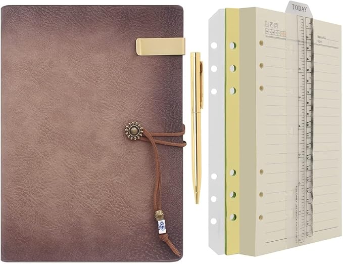 WONDERPOOL Leather Journal A5 Refillable 6 Ring Binder Notebook with Lined Paper and Pen,Writing Diary for Work Travel and Agenda Plan (A5, a-Maroonpink)