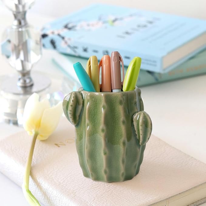 Ceramic Cactus Pen Holder, Cactus Decor Cute Pencil Holder, Makeup Brush Holder for Home, Office Desk Accessories(Light Green Cactus)