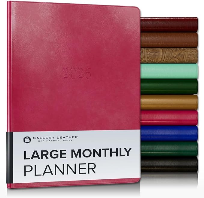 Gallery Leather Large Monthly Planner 2025-2026, Elegantly Bound Calendar Planner and Notebook with Stylish Gold-Gilded Page Edges, 18 Months - Acadia Wild Rose - 9.75x7.5"
