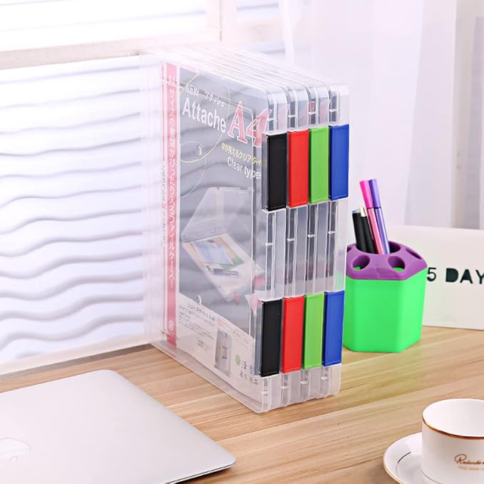 Marte Vanci Clear File Box with 2 Buckles Plastic Storage Box for A4 Paper, Portable Project Case for Documents, Magazines Paper Protector Black
