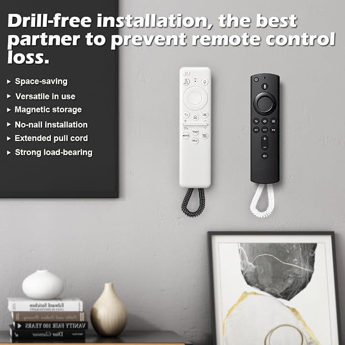 2-Pack Magnetic Remote Control Holders with Spring Ropes - Safely Secure TV Remotes & Small Items, Wall-Mount with Adhesive, Anti-Loss, Rapid Adsorption, Extendable Spring (White, 2 Pack)