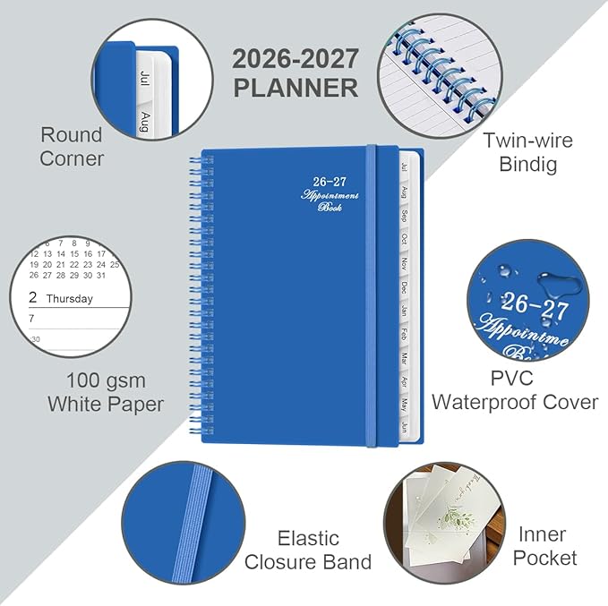 2026-2027 Appointment Book & Planner - 2026-2027 Daily Hourly Planner from July 2026 - June 2027, Weekly Appointment Book with 30-Minute Interval, Medium 6.4" x 8.5", Blue-D