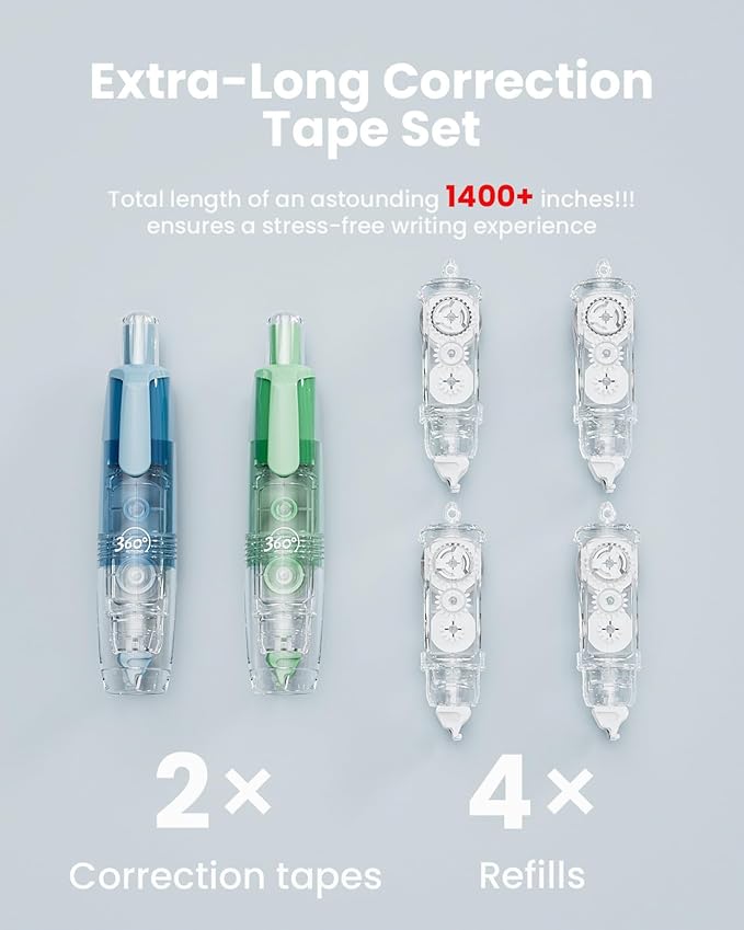Four Candies Refillable Retractable White Correction Tape, 2PCS White Cute Smooth Push Pull Out Tape with 4 Extra Refills, Aesthetic Pen Shaped Applicator for School Office Supplies (Blue Green)
