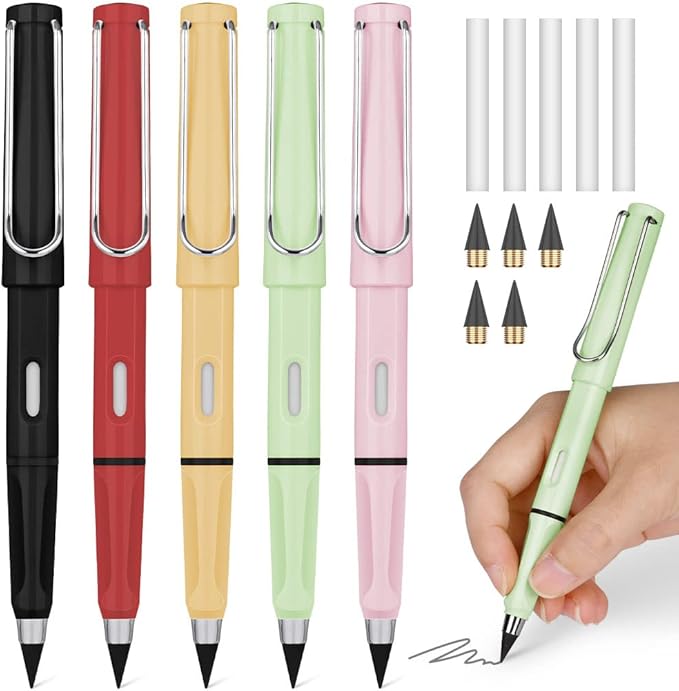 Ainiv Inkless Pencil with Eraser, 5 Sets Infinity Pencil Everlasting Pencil, Reusable Infinite Pencil with Extra 5 Eraser & 5 Replaceable Nibs, Endless Pencil for Home Office School Writing Drawing