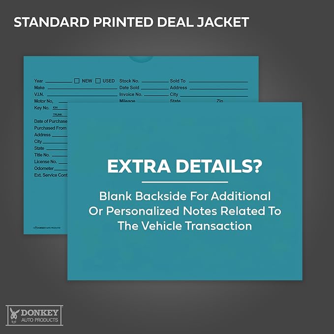 Printed Vehicle Deal Envelopes 9x12 Deal Jackets (100 shrink wrapped) (Teal)