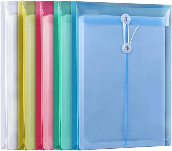 LaOficina Poly Clear Envelopes with Button String Snap Closure 1 Inch Gusset Top Opening Letter Size 5 Per Pack Assorted Color