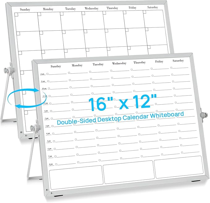 ONAVIA Desktop Whiteboard with Stand, 16"×12" Double-Sided Magnetic Dry Erase Calendar, Weekly Monthly Schedule with Time Slots, Portable for Home, Office, Planning, Memo, to Do List