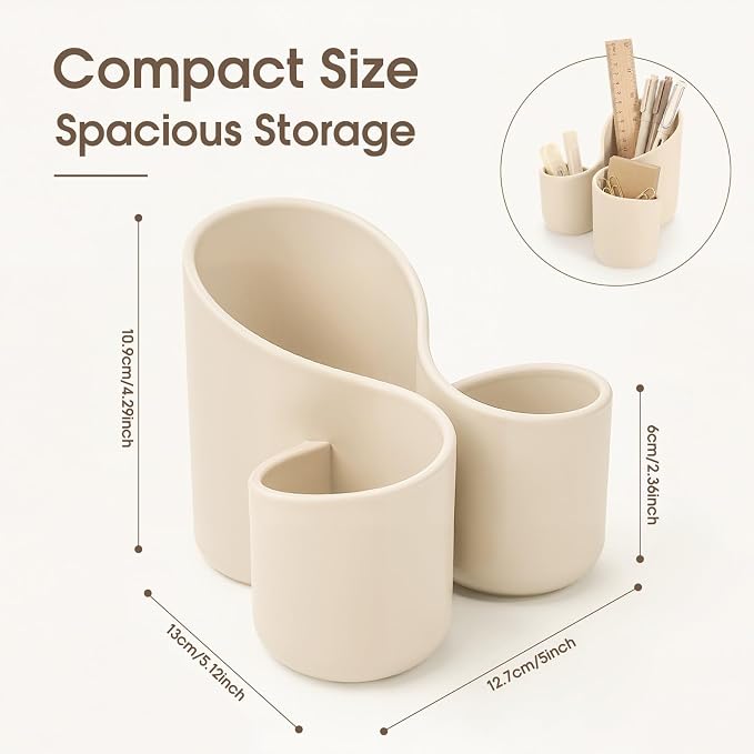 Aesthetic Desk Organizer Boho Pen Holder Modern Pencil Holder Beige Plastic Makeup Brush Organizer for Office Desk Accessories Stylish Home Office Art Decor Supplies (3 Slots)