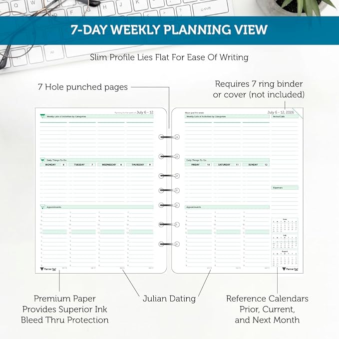 Planner Pad 7 Hole Loose Leaf 3-Tier Funnel Down 12 Month Medium Size Organizer, July 2026 – June 2027 / Academic Year, Soft Green Ink, 6 3/4" x 8 1/2"