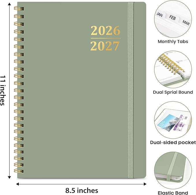 8.5" x 11" Academic Planner 2026-2027, Weekly & Monthly Calendar Planner Book, July 2026 – June 2027, Large Hardcover Organizer with Tabs, Perfect for Teachers, Students, Women & Men – A4, Green