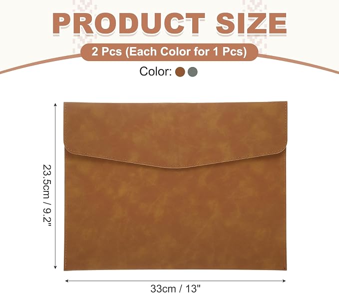 PATIKIL 2Pcs PU Leather File Folders, 13x9 A4 Document Holder Waterproof Envelope Folder with Snap Closure, Portable Portfolio Organizer Case for Paper Receipt, Brown/Gray