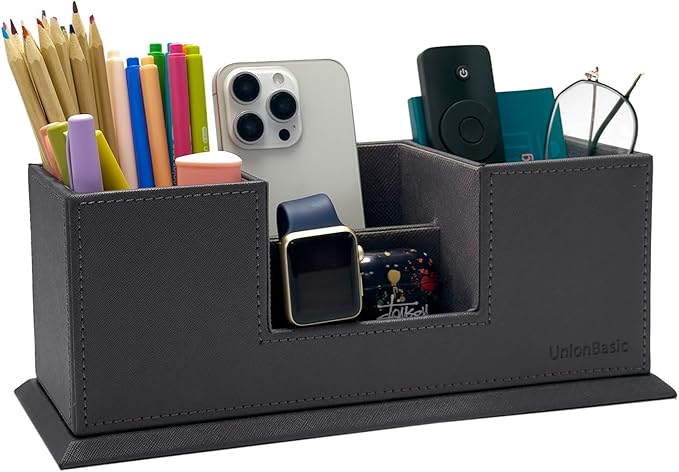 UnionBasic Desk Organizer, Desktop Caddy Leather Multi-compartment Pen Holder Office Stationer Organizer, Gray